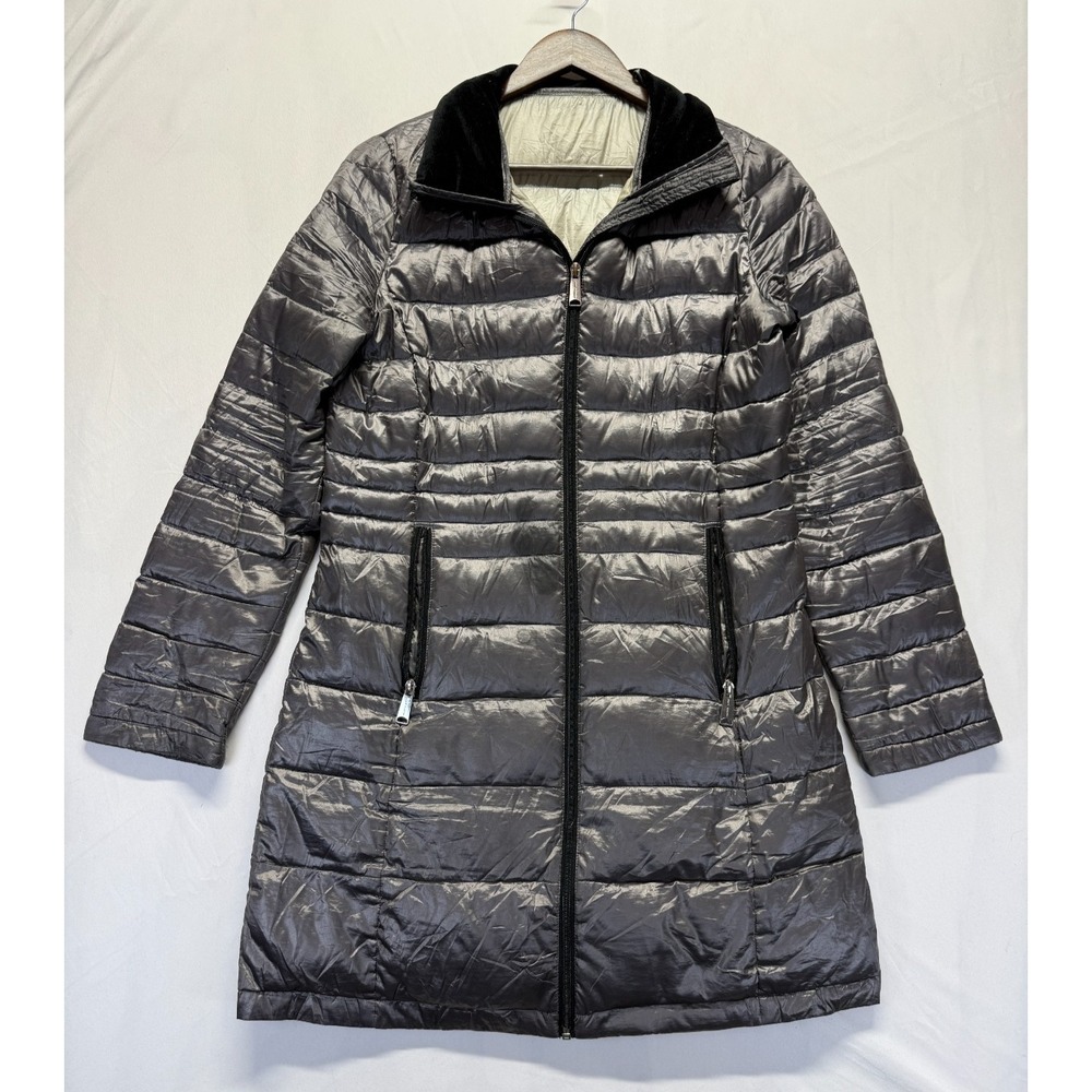 Andrew Marc Puffer Jacket Womens S Gray Silver Packable Lightweight Premium Down